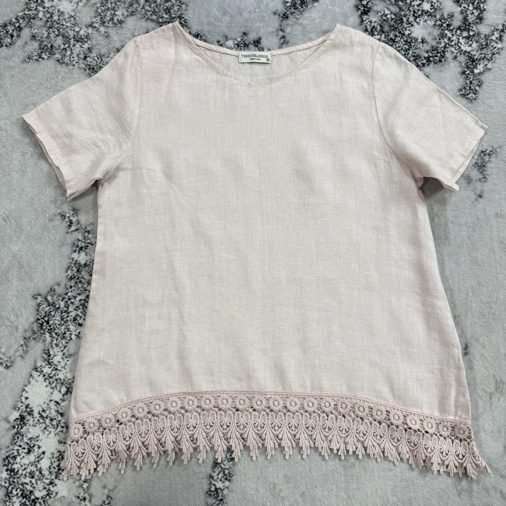 Terzo Millennio Linen Top Womens M Made Italy Pink‎ Lace Hem Short Sleeve Blouse